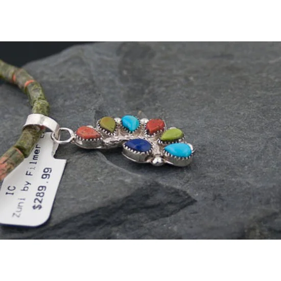 Petit Point Handmade Certified Authentic Zuni .925 Sterling Silver Multicolor and Turquoise Native American Necklace 370883660270 Petit Point Handmade Certified Authentic Zuni .925 Sterling Silver Multicolor and Turquoise Native American Necklace 370883660270