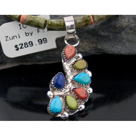 Petit Point Handmade Certified Authentic Zuni .925 Sterling Silver Multicolor and Turquoise Native American Necklace 370883660270 Petit Point Handmade Certified Authentic Zuni .925 Sterling Silver Multicolor and Turquoise Native American Necklace 370883660270