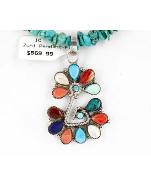 Petit Point Handmade Certified Authentic Zuni .925 Sterling Silver Multicolor and Turquoise Native American Necklace 371046957046