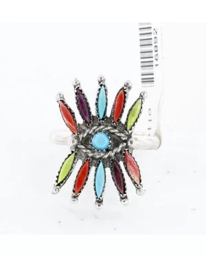 Petit Point Handmade Certified Authentic Zuni .925 Sterling Silver Multicolor and Turquoise Native American Ring  390823424169