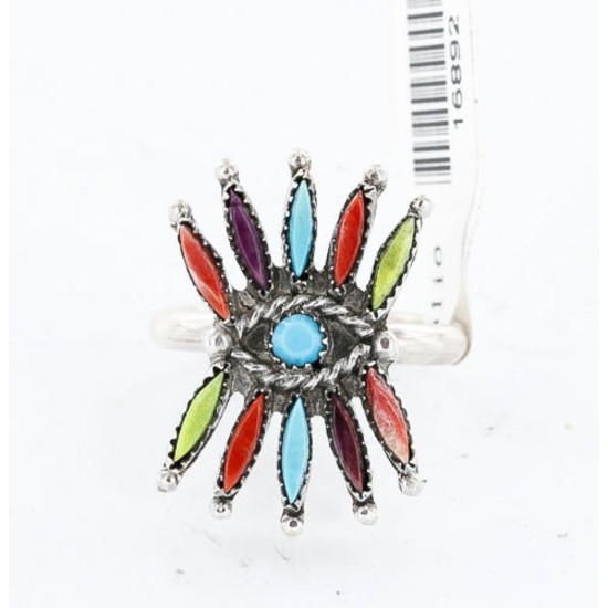 Petit Point Handmade Certified Authentic Zuni .925 Sterling Silver Multicolor and Turquoise Native American Ring  390823424169