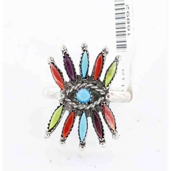 Petit Point Handmade Certified Authentic Zuni .925 Sterling Silver Multicolor and Turquoise Native American Ring 390823424169 Petit Point Handmade Certified Authentic Zuni .925 Sterling Silver Multicolor and Turquoise Native American Ring 390823424169