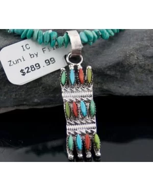 Petit Point Handmade Certified Authentic Zuni .925 Sterling Silver Multicolor Stone and Turquoise Native American Necklace 370883170307