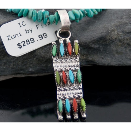 Petit Point Handmade Certified Authentic Zuni .925 Sterling Silver Multicolor Stone and Turquoise Native American Necklace 370883170307