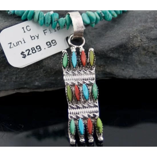 Petit Point Handmade Certified Authentic Zuni .925 Sterling Silver Multicolor Stone and Turquoise Native American Necklace 370883170307 Petit Point Handmade Certified Authentic Zuni .925 Sterling Silver Multicolor Stone and Turquoise Native American Necklace 370883170307