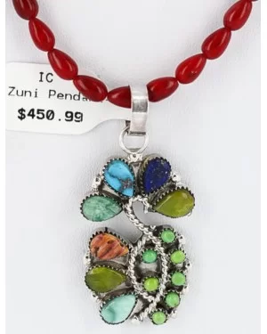 Petit Point Handmade Certified Authentic Zuni .925 Sterling Silver Multicolor Stones and Turquoise Native American Necklace 371029325501