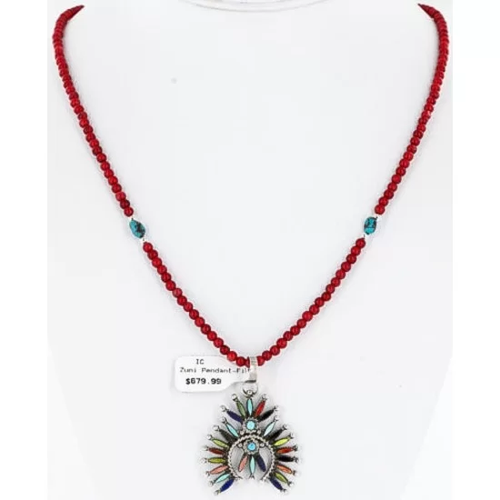 Petit Point Handmade Certified Authentic Zuni .925 Sterling Silver Multicolor Stones and Turquoise Native American Necklace 371059544884 Petit Point Handmade Certified Authentic Zuni .925 Sterling Silver Multicolor Stones and Turquoise Native American Necklace 371059544884