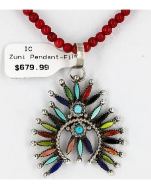 Petit Point Handmade Certified Authentic Zuni .925 Sterling Silver Multicolor Stones and Turquoise Native American Necklace 371059544884
