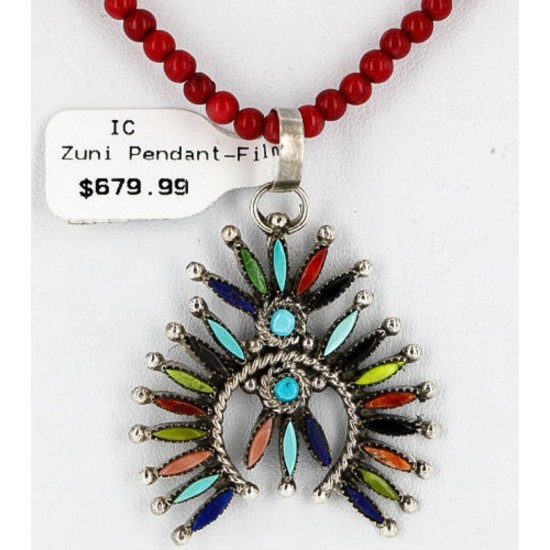 Petit Point Handmade Certified Authentic Zuni .925 Sterling Silver Multicolor Stones and Turquoise Native American Necklace 371059544884