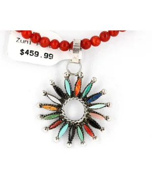 Petit Point Handmade Certified Authentic Zuni .925 Sterling Silver Multicolor Stones and Turquoise Native American Necklace 371068525145