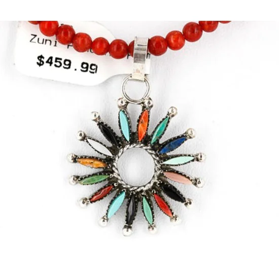 Petit Point Handmade Certified Authentic Zuni .925 Sterling Silver Multicolor Stones and Turquoise Native American Necklace 371068525145 Petit Point Handmade Certified Authentic Zuni .925 Sterling Silver Multicolor Stones and Turquoise Native American Necklace 371068525145