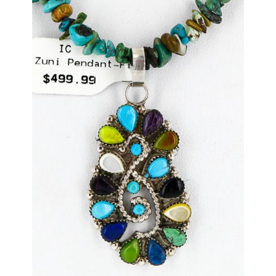 Petit Point Handmade Certified Authentic Zuni .925 Sterling Silver Multicolor Stones and Turquoise Native American Necklace 371073328751