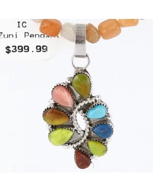 Petit Point Handmade Certified Authentic Zuni .925 Sterling Silver Multicolor Stones and Turquoise Native American Necklace 390803790800