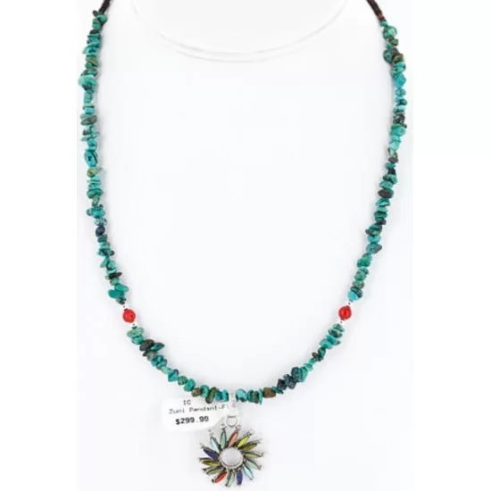 Petit Point Handmade Certified Authentic Zuni .925 Sterling Silver Multicolor Stones and Turquoise Native American Necklace 390824612732