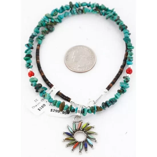 Petit Point Handmade Certified Authentic Zuni .925 Sterling Silver Multicolor Stones and Turquoise Native American Necklace 390824612732