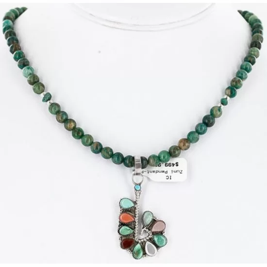 Petit Point Handmade Certified Authentic Zuni .925 Sterling Silver Multicolor Stones and Turquoise Native American Necklace 390838317177