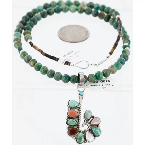 Petit Point Handmade Certified Authentic Zuni .925 Sterling Silver Multicolor Stones and Turquoise Native American Necklace 390838317177