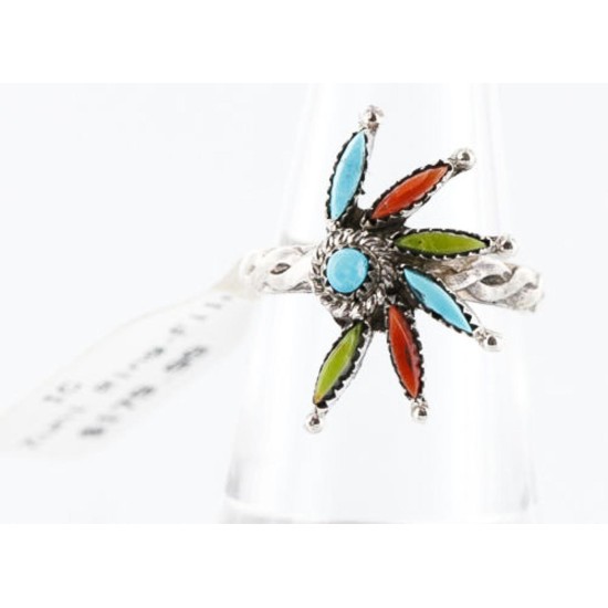 Petit Point Handmade Certified Authentic Zuni .925 Sterling Silver Multicolor Stones and Turquoise Native American Ring 371008009645 Petit Point Handmade Certified Authentic Zuni .925 Sterling Silver Multicolor Stones and Turquoise Native American Ring 371008009645
