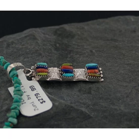 Petit Point Handmade Certified Authentic Zuni .925 Sterling Silver Multicolor Stones Turquoise Native American Necklace 390651280867