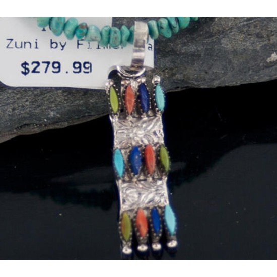 Petit Point Handmade Certified Authentic Zuni .925 Sterling Silver Multicolor Stones Turquoise Native American Necklace 390651280867
