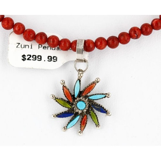 Petit Point Handmade Certified Authentic Zuni .925 Sterling Silver Multicolor Stones Turquoise Native American Necklace 390848396833