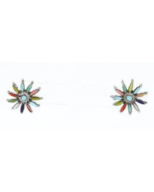 Petit Point Handmade Certified Authentic Zuni .925 Sterling Silver Multicolor Turquoise Native American Earrings 390824590007