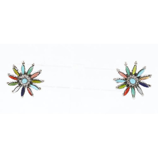 Petit Point Handmade Certified Authentic Zuni .925 Sterling Silver Multicolor Turquoise Native American Earrings 390824590007