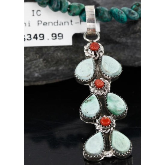 Petit Point Handmade Certified Authentic Zuni .925 Sterling Silver Turquoise and Coral Native American Necklace 370985476134