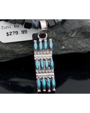 Petit Point Handmade Certified Authentic Zuni .925 Sterling Silver Turquoise Native American Necklace 370881945010