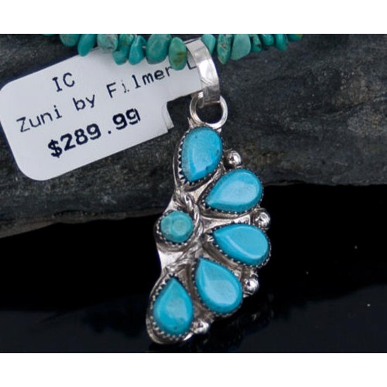 Petit Point Handmade Certified Authentic Zuni .925 Sterling Silver Turquoise Native American Necklace 390643159808