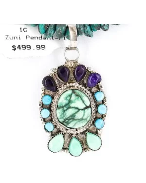 Petit Point Handmade Certified Authentic Zuni .925 Sterling Silver Turquoise Native American Necklace 390842253023