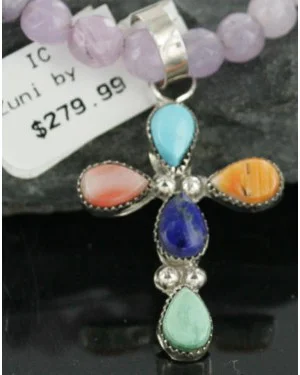 Petit Point Handmade CROSS Certified Authentic Zuni .925 Sterling Silver MultiColor Stones Native American Necklace 370953341535