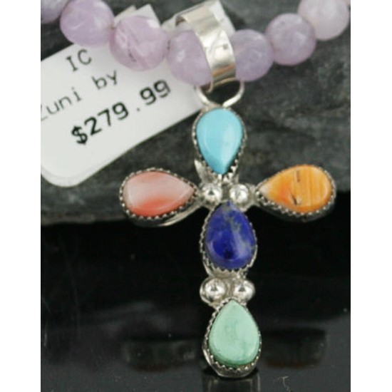 Petit Point Handmade CROSS Certified Authentic Zuni .925 Sterling Silver MultiColor Stones Native American Necklace 370953341535