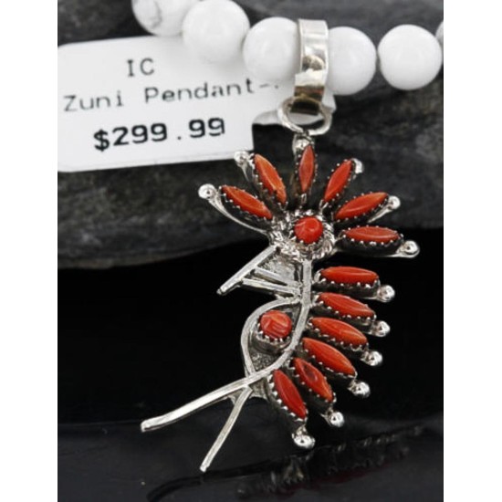 Petit Point Handmade KOKOPELI Certified Authentic Lalio Zuni .925 Sterling Silver Coral Native American Necklace 390743384157