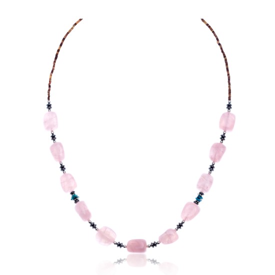 Pink Quartz Natural Turquoise Hematite .925 Sterling Silver Certified Authentic Navajo Native American Necklace 750192