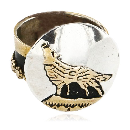 Rare 12kt Gold Filled 925 Sterling Silver Wolf Handmade Certified Authentic Navajo Native American Ring  12657-1