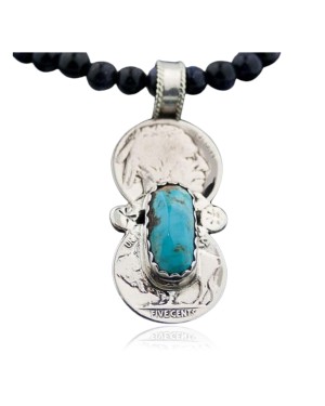 RARE Double OLD Buffalo Coin Certified Authentic Navajo Native .925 Sterling Silver Turquoise Native American Necklace 370787971063