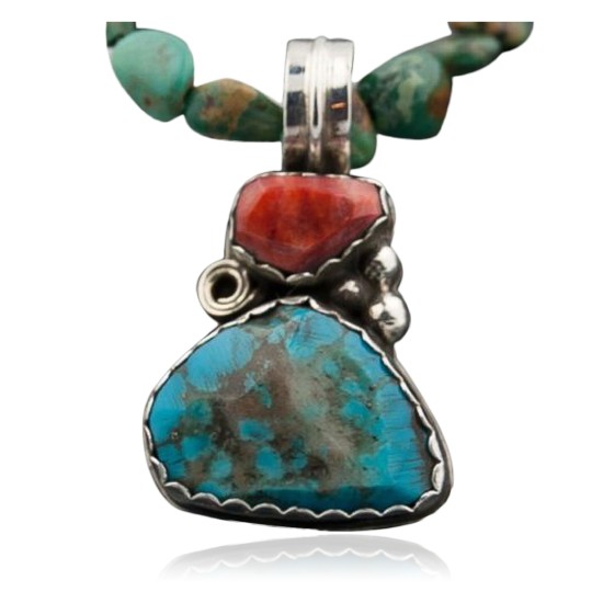 Rare Handmade Certified Authentic Navajo .925 Sterling Silver Natural Turquoise and Spiny Oyster Native American Necklace 370839217192