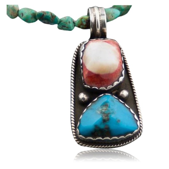 Rare Handmade Certified Authentic Navajo .925 Sterling Silver Natural Turquoise and Spiny Oyster Native American Necklace 390601692826