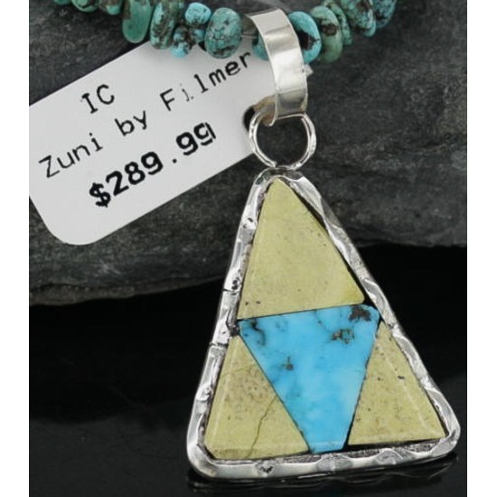 Real Handmade Inlaid Certified Authentic Zuni .925 Sterling Silver Turquoise Native American Necklace 370912338603