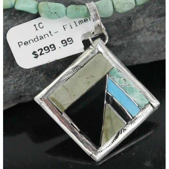 Real Handmade Inlaid Certified Authentic Zuni .925 Sterling Silver Turquoise Native American Necklace 370917190626