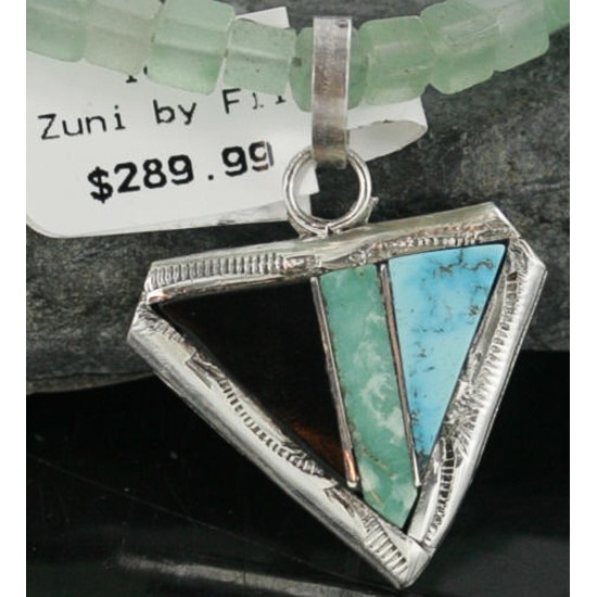 Real Handmade Inlaid Certified Authentic Zuni .925 Sterling Silver Turquoise Native American Necklace 370919153892