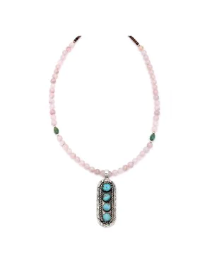 Sun .925 Sterling Silver Certified Authentic Handmade Navajo Native American Natural Turquoise And Rose Quartz Necklace And Pendant   370929328033
