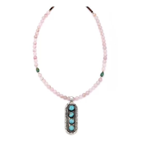 Sun .925 Sterling Silver Certified Authentic Handmade Navajo Native American Natural Turquoise And Rose Quartz Necklace And Pendant   370929328033