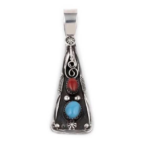 Sun Flower .925 Starling Silver Certified Authentic Handmade Navajo Native American Natural Turquoise Coral Pendent  18330 Pendants NB180602181528 18330 (by LomaSiiva)