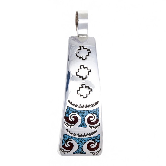 Thunderbird .925 Starling Silver Certified Authentic Handmade Navajo Native American Natural Turquoise Coral Pendent  24541-5 Pendants NB180602181533 24541-5 (by LomaSiiva)