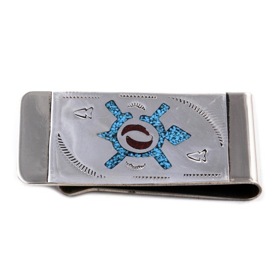 Turtle .925 Sterling Silver Ray Begay Certified Authentic Handmade Navajo Native American Natural Turquoise Coral Money Clip 11253-4