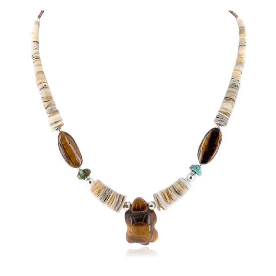 Turtle Certified Authentic Navajo .925 Sterling Silver Natural Turquoise Graduated Melon Shell Tigers Eye Native American Necklace 790108