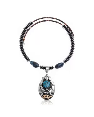 Turtle Natural Turquoise and Hematite .925 Sterling Silver Certified Authentic Navajo Native American Handmade Necklace and Pendant 24537-25560