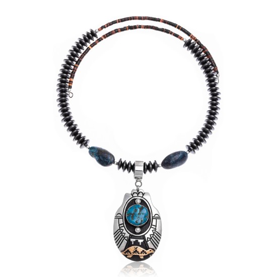 Turtle Natural Turquoise and Hematite .925 Sterling Silver Certified Authentic Navajo Native American Handmade Necklace and Pendant 24537-25560